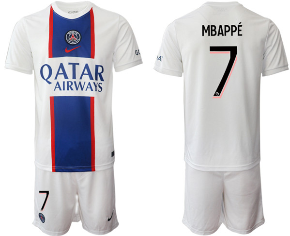 Men's Paris Saint-Germain #7 Mbappé 2023 White Away Soccer Jersey Suit